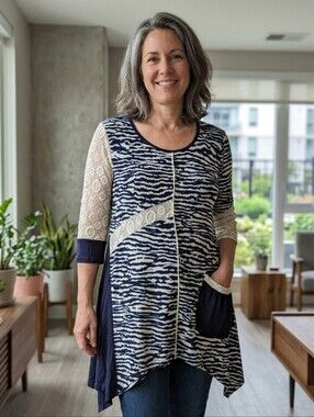 Abstract Bohemian Zebra Print Tunic with Lace Accents